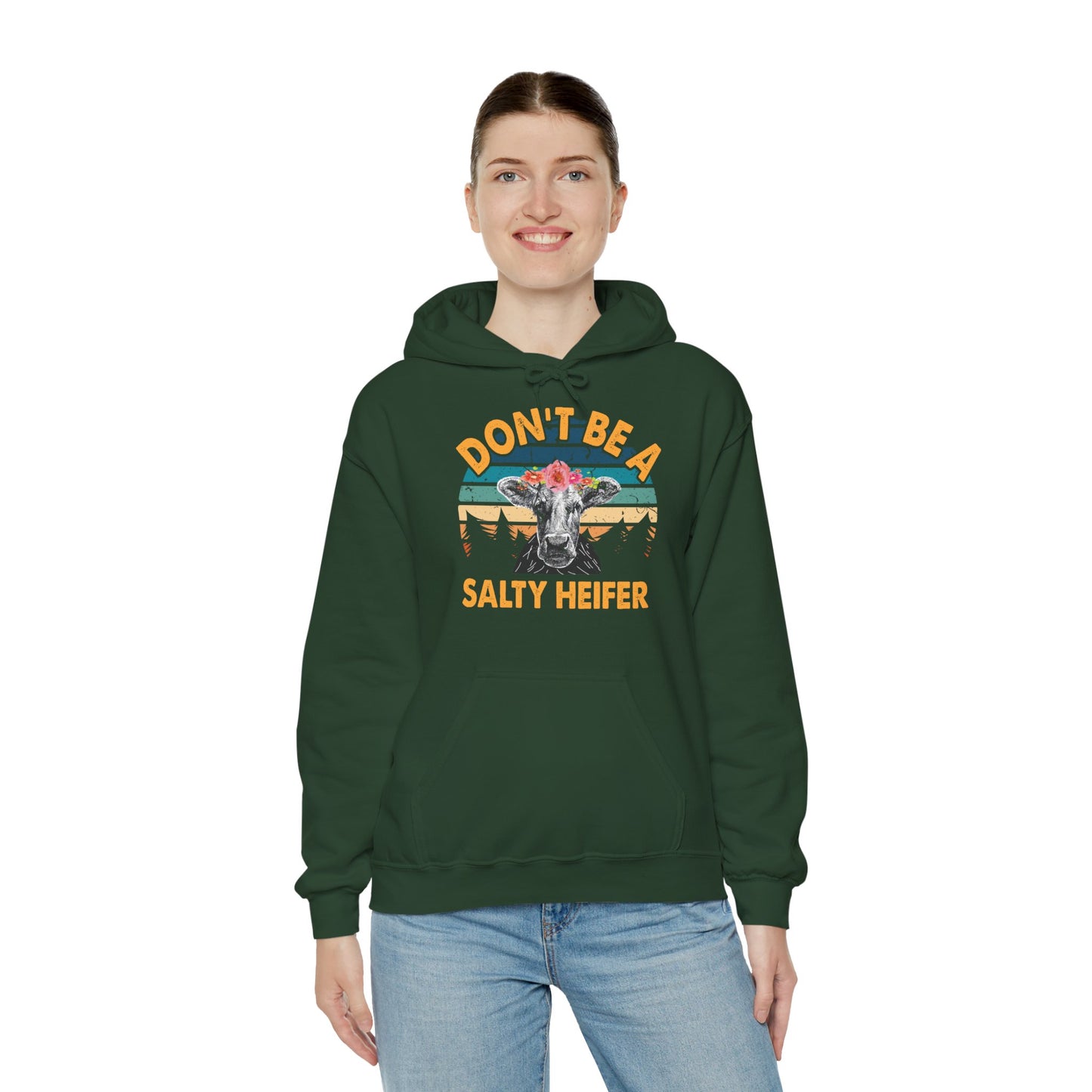 woman wearing dont be a salty heifer green hoodie