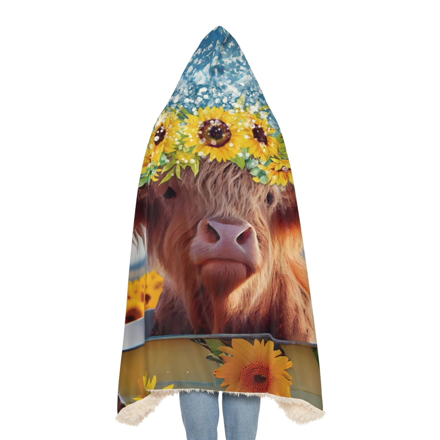Highland cow with sunflowers
