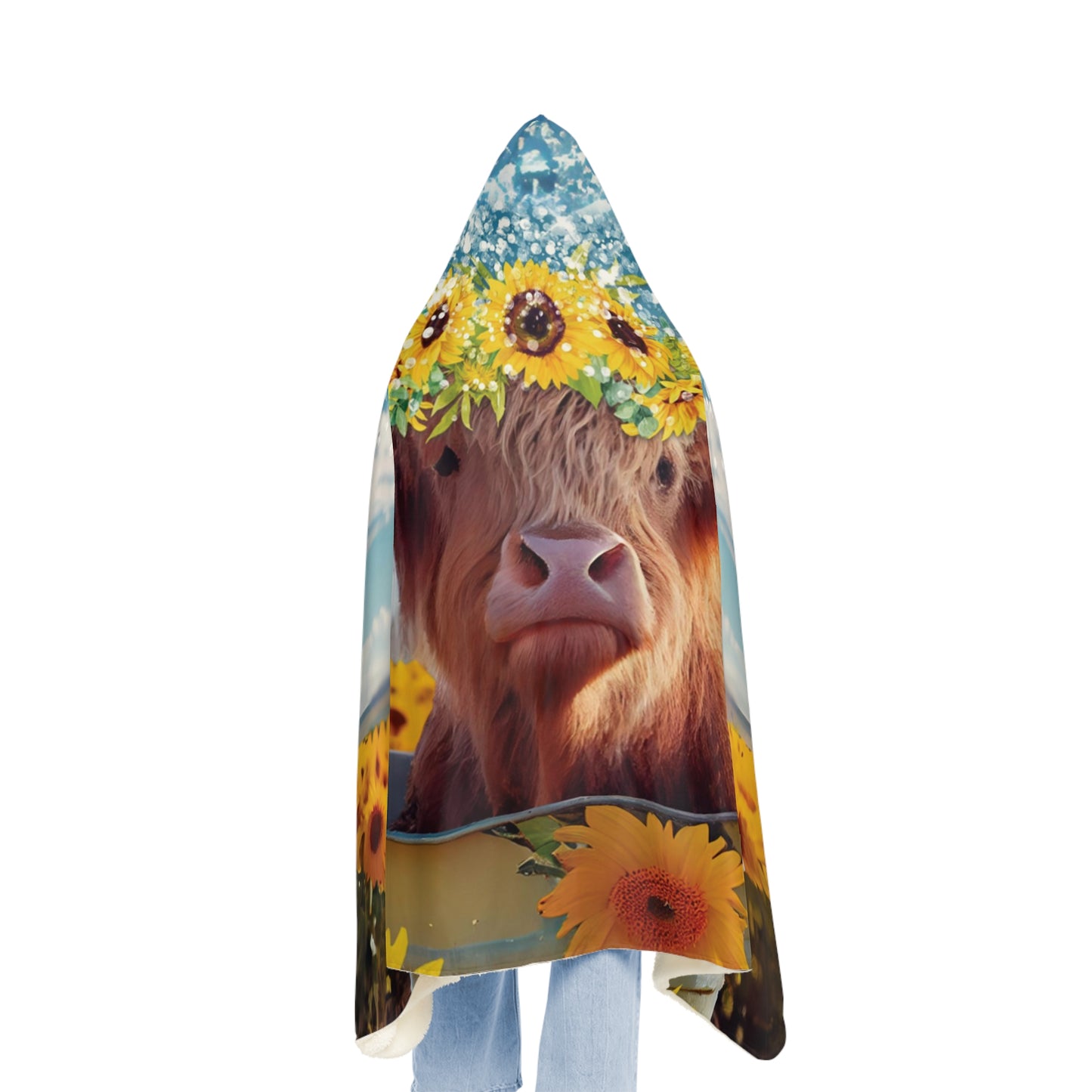 Highland Cow with Sunflowers Hooded Snuggle Blanket