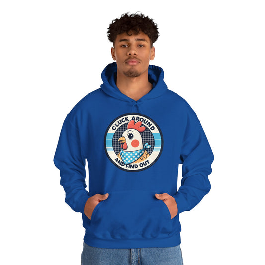 Man wearing Cluck Around and Find Out hoodie in royal blue