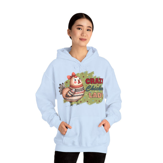 woman wearing Crazy Chicken Lady hoodie in pale blue