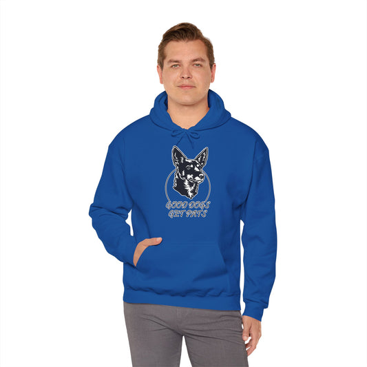 man wearing Good Dogs Get Pats hoodie in royal blue