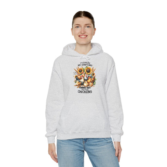 woman wearing I Googled My Symptoms Hoodie in light grey