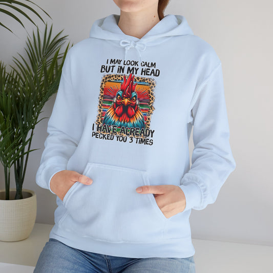 woman wearing I May Look Calm Hoodie in Pale blue