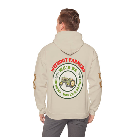 man wearing Without Farmers We'd Be hoodie in sand 