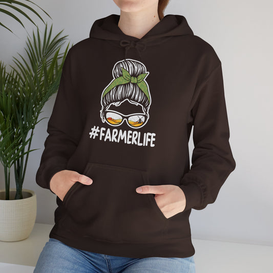 woman wearing #farmerlife brown hoodie