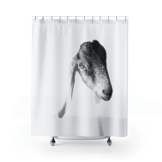 black and white shower curtain with baby goat