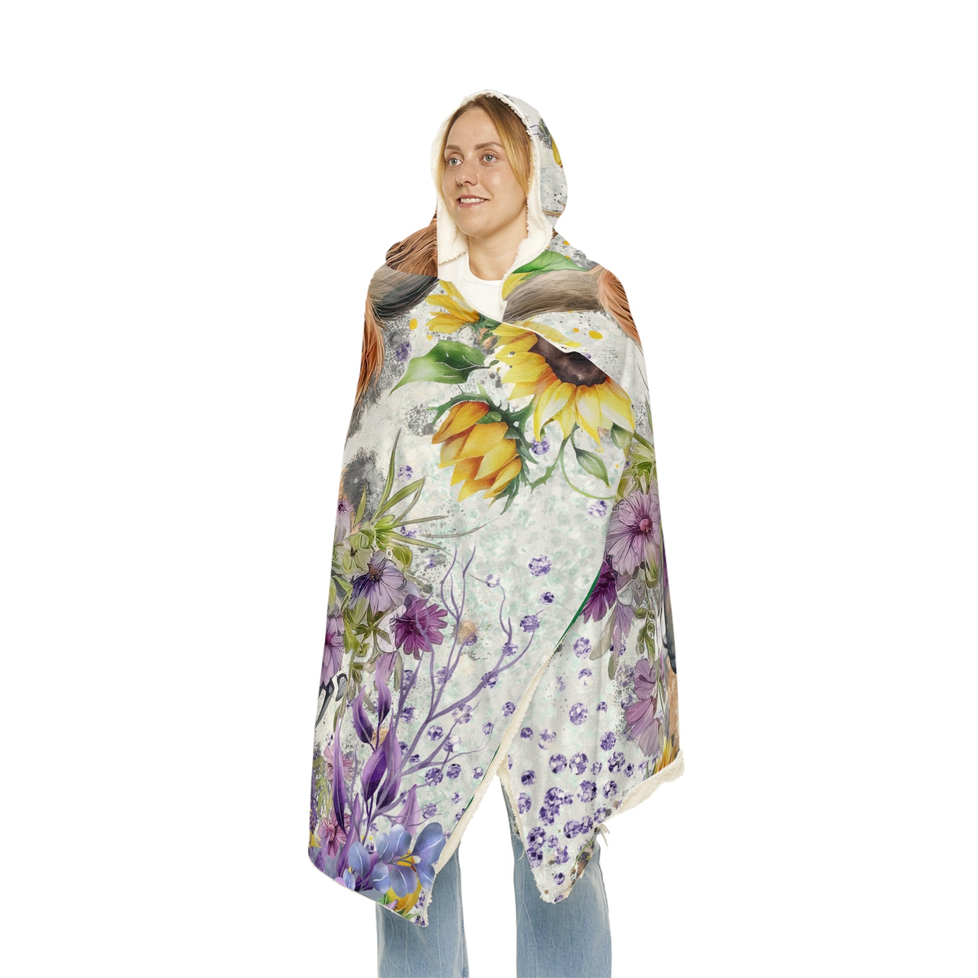 women wrapped in hooded snuggle blanket