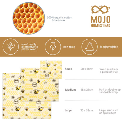 Beekeeper and Australian Farmer Approved Organic Reusable 3 Pack Beeswax Food Wraps